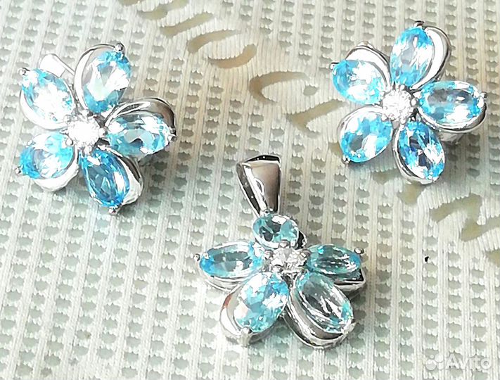 Серьги, кулон серебро голубой топаз С344