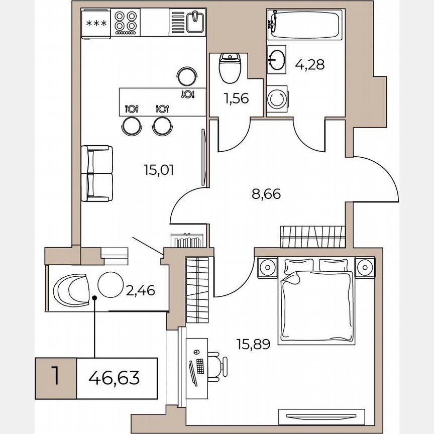 1-к. квартира, 42,9 м², 21/24 эт.