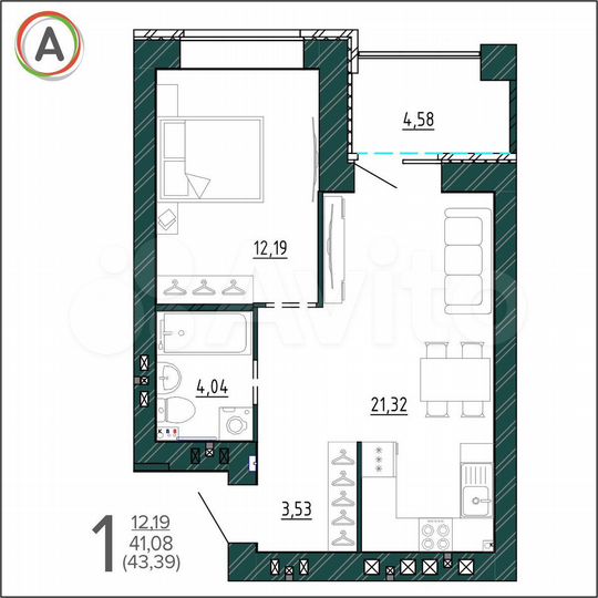 1-к. квартира, 43,4 м², 1/9 эт.