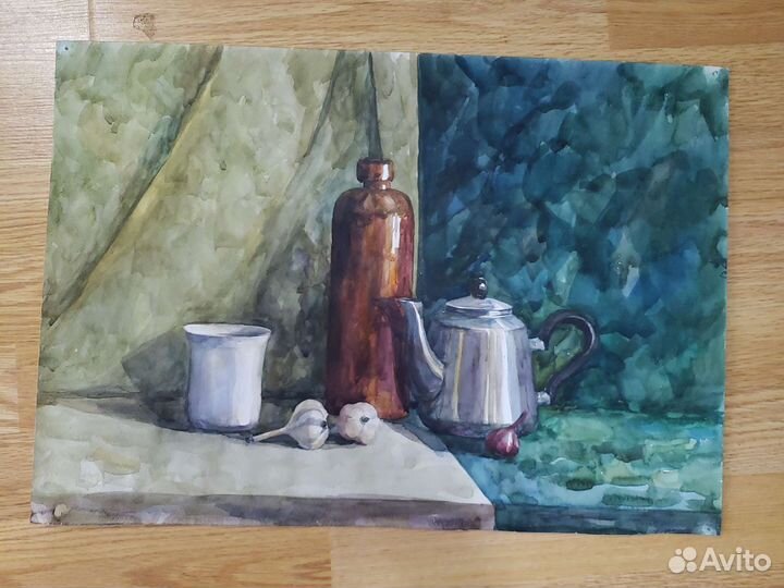 Картина акварелью натюрморт с чайником