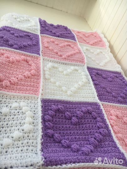 Плед вязаный Сердечки