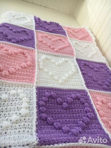 Плед вязаный Сердечки