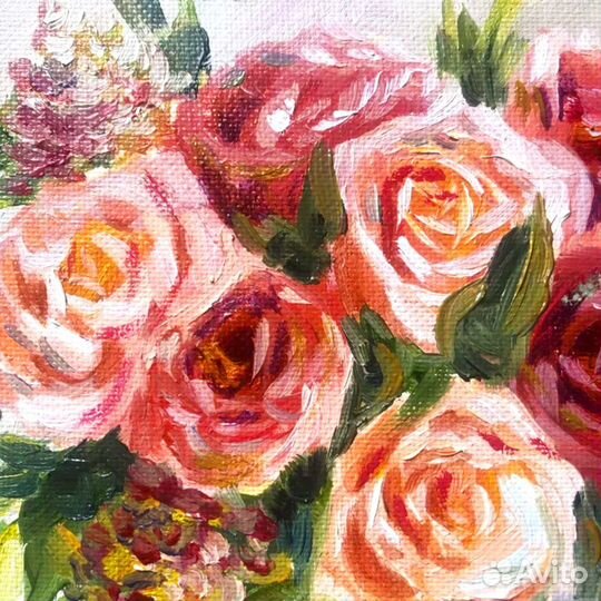 Картина маленькая маслом цветы Розы 20х20 см