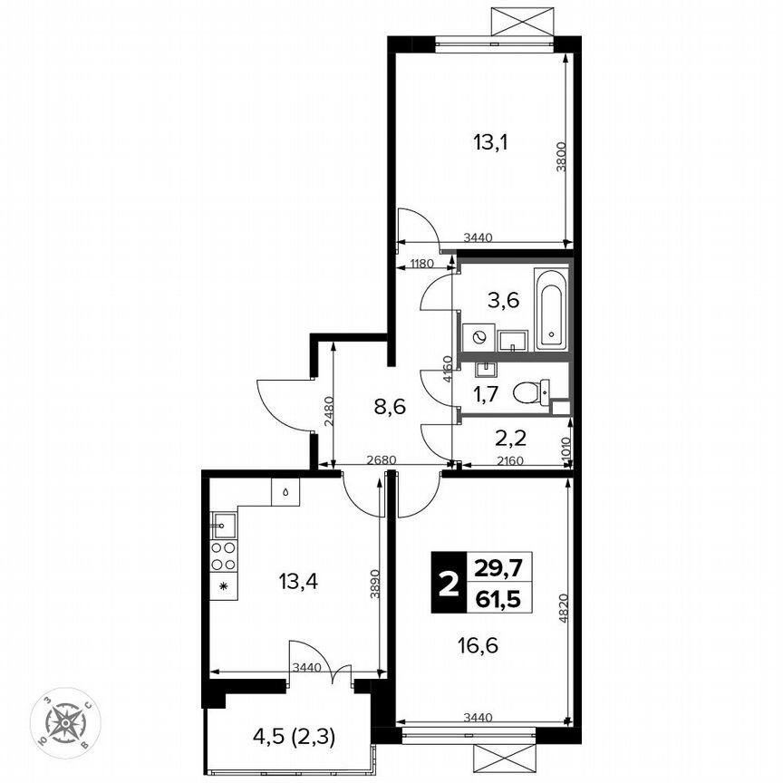 2-к. квартира, 61,5 м², 5/15 эт.