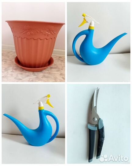 Лейка, цветочный горшок, садовые ножницы