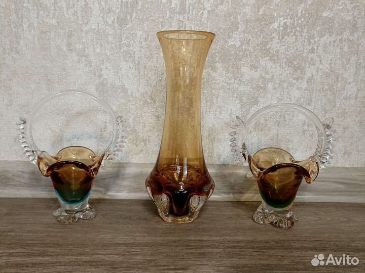 Ваза корзиночка цветное стекло СССР хрусталь