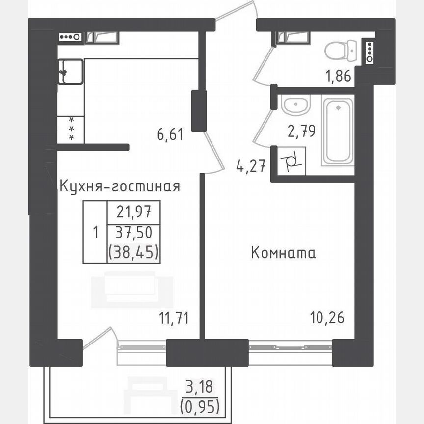 1-к. квартира, 38,5 м², 3/5 эт.