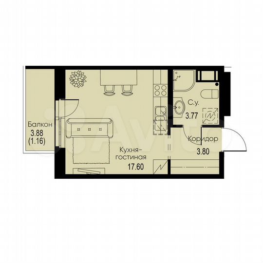 Квартира-студия, 26,3 м², 11/12 эт.