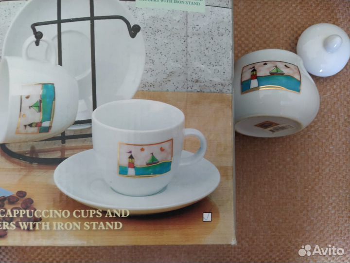 Кофейная пара на подставке+сахарница новая