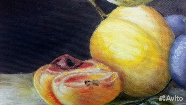 Натюрморт с персиками и черносливом, Холст, масло