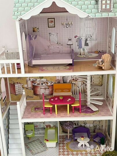 Деревянный кукольный домик для барби с мебелью