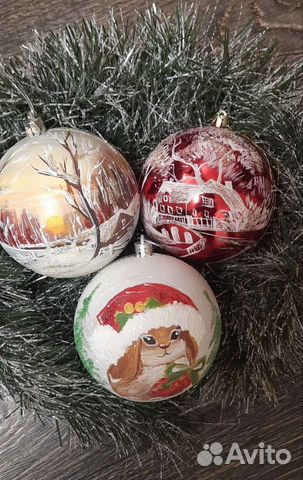 Новогодние шары 10см ручная работа (пластик)