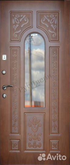 Классическая металлическая дверь с окном и ковкой