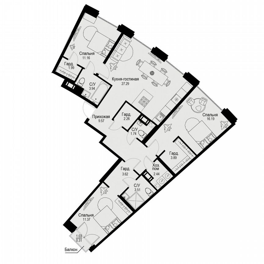 3-к. квартира, 99,3 м², 3/6 эт.