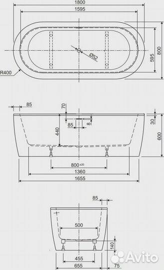 Акриловая ванна Cezares Slim Central 180x80 Nero