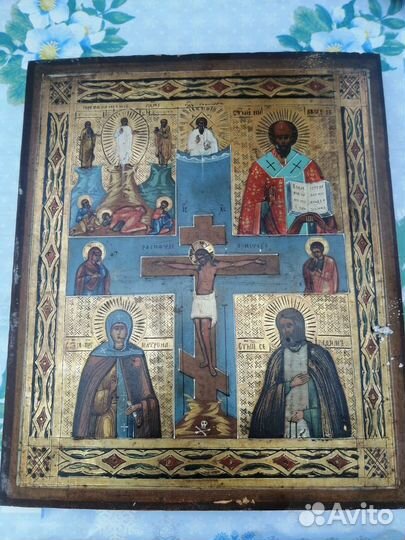 Старинная Икона Четырехчастная Распятие христово