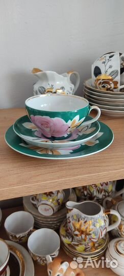 Чайное трио сервиз Розы на зелёном Дулево