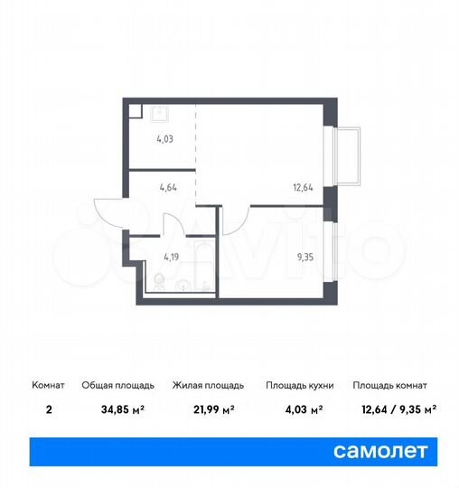 2-к. квартира, 34,9 м², 2/17 эт.