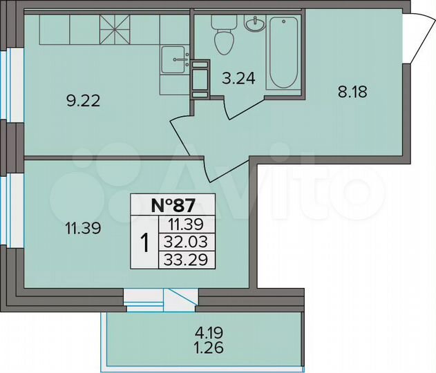 1-к. квартира, 33,3 м², 8/9 эт.