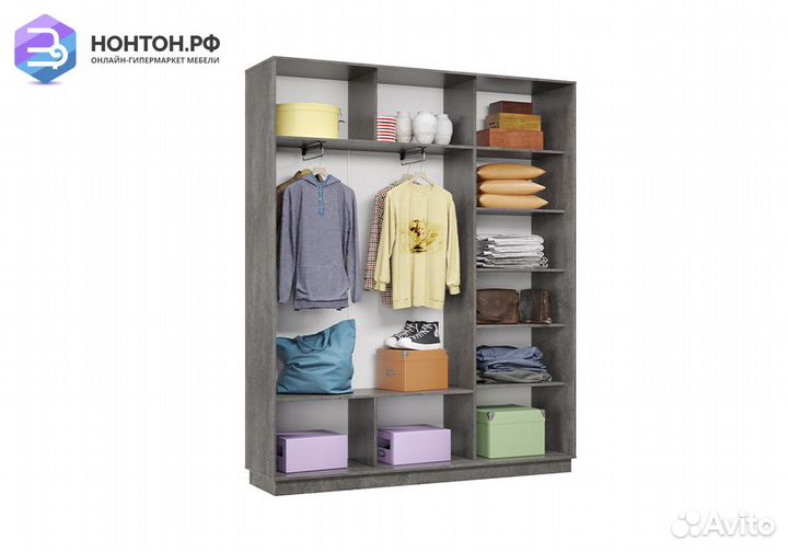 Шкаф-купе трёхдверный Процион с 1 зеркалом бетон