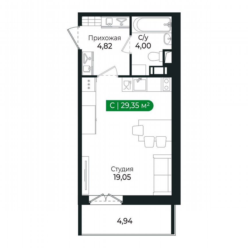Квартира-студия, 29,4 м², 2/8 эт.