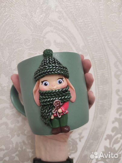 2 Кружки + 2 ложки с декором из полимерной глины