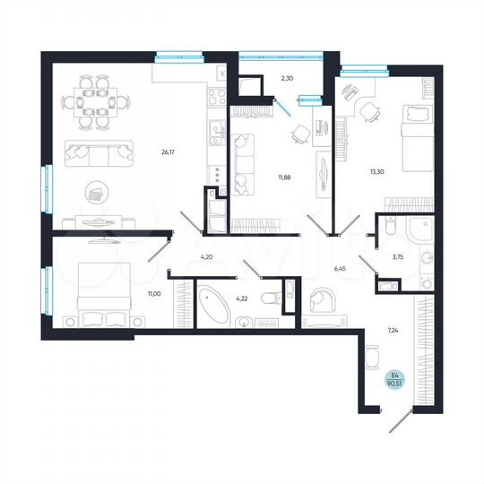 3-к. квартира, 90,5 м², 15/26 эт.