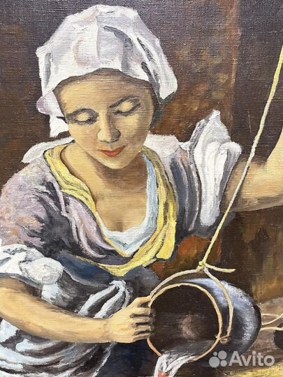 Винтажная картина «Девушка у колодца» холст, масло