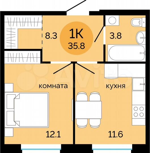1-к. квартира, 35,8 м², 7/14 эт.