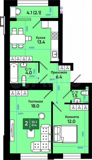 2-к. квартира, 57,4 м², 1/3 эт.