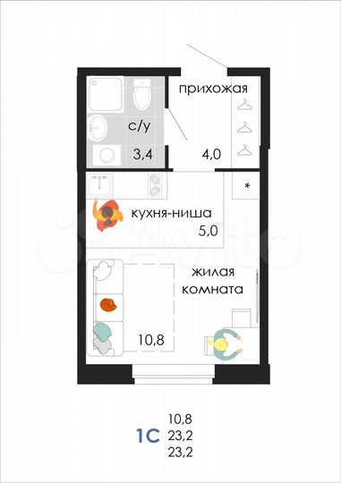 1-к. квартира, 23,2 м², 2/19 эт.