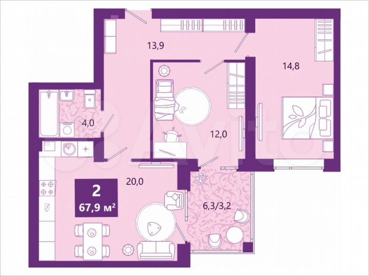 2-к. квартира, 67,9 м², 2/4 эт.