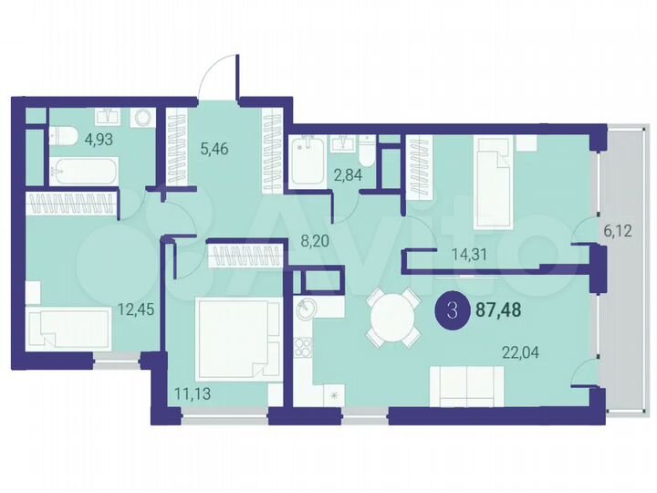 3-к. квартира, 87,5 м², 8/22 эт.