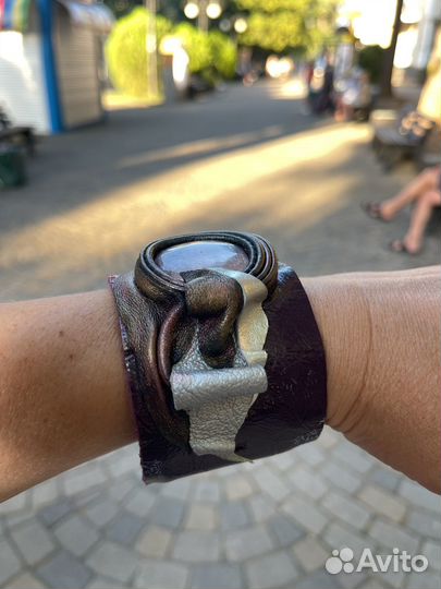 Браслет, кожа, с камнем агат