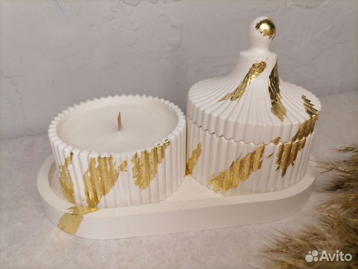 Подарочный набор из гипса/свеча соевая/шкатулка