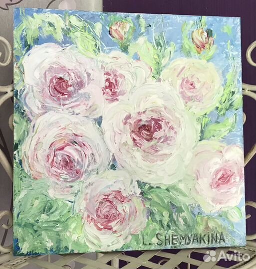 Картина маслом розы в подарок 30х30 см
