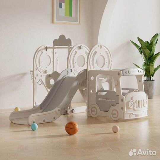 Игровой комплекс с горкой и качелями Bus Grey