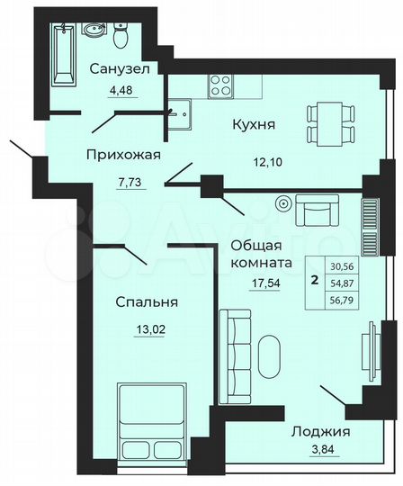 2-к. квартира, 56,8 м², 19/24 эт.