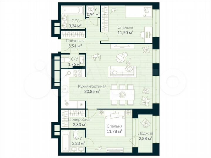 2-к. квартира, 73,2 м², 14/30 эт.