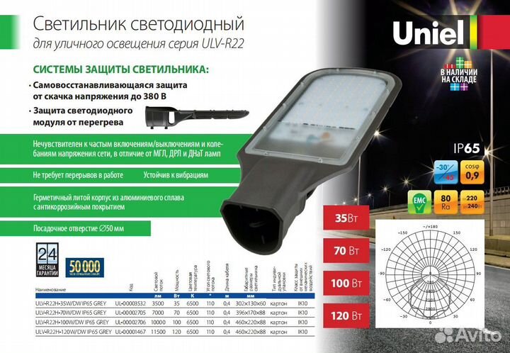 Фонарь на столб 100W ULV-R22H-100W/6500K IP65