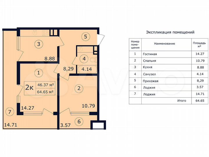 2-к. апартаменты, 65 м², 1/14 эт.