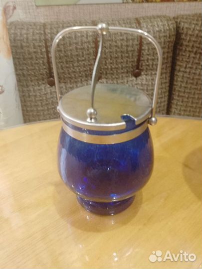 Сахарница конфетница СССР синее стекло