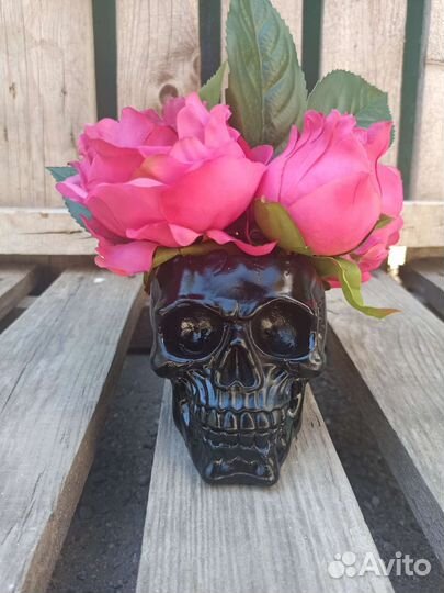 Череп. Искусственные деревья и цветы. Кашпо