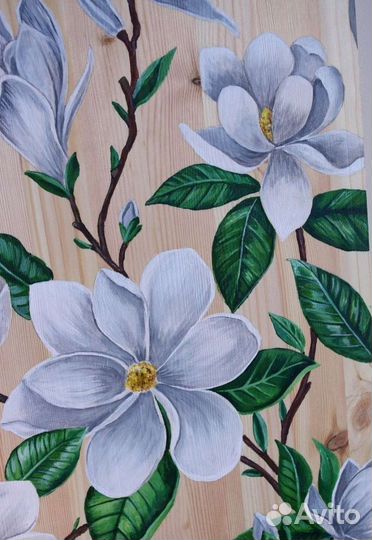 Деревянное панно с цветами Магнолии интерьерная