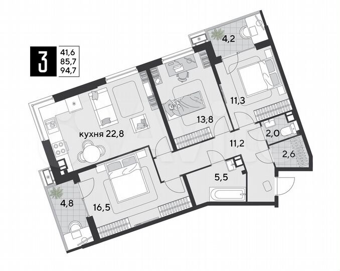 3-к. квартира, 94,7 м², 7/18 эт.