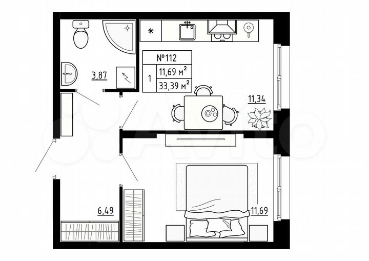 1-к. квартира, 33,4 м², 1/4 эт.
