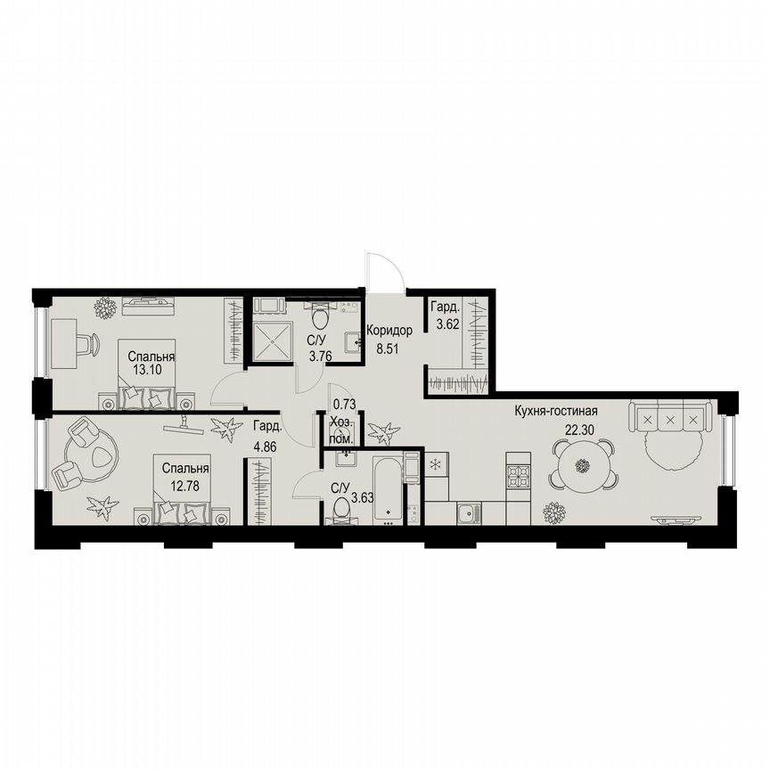 2-к. квартира, 73,3 м², 4/6 эт.