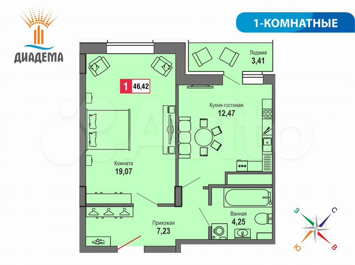 1-к. квартира, 46,4 м², 10/22 эт.