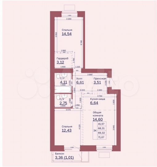 3-к. квартира, 69,3 м², 5/10 эт.