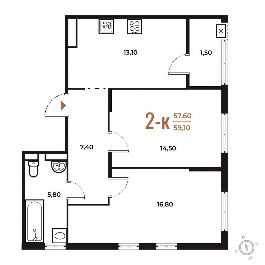 2-к. квартира, 59,1 м², 3/8 эт.